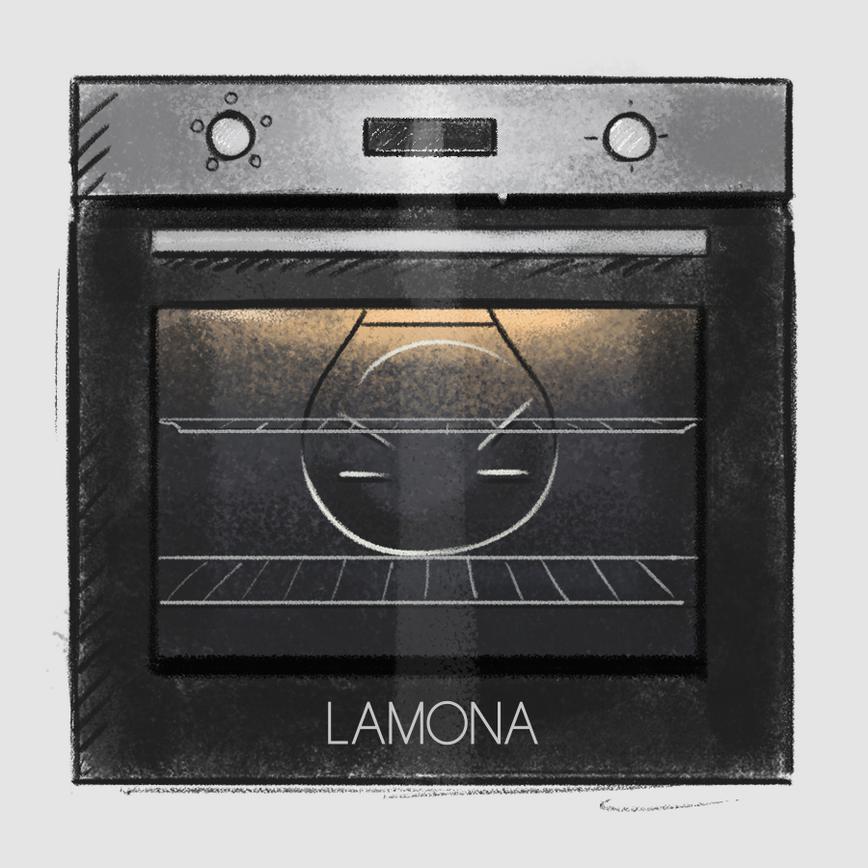 Illustration of a grey Lamona oven, a light is on inside the oven