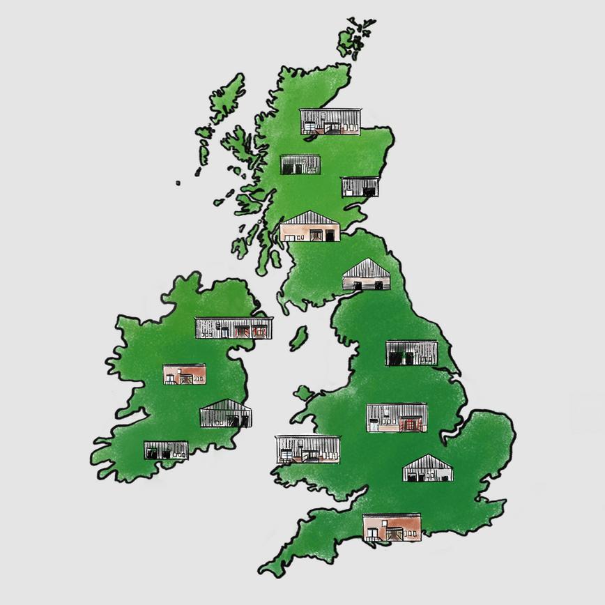 Illustration of a UK map with Howdens depots drawn over the top