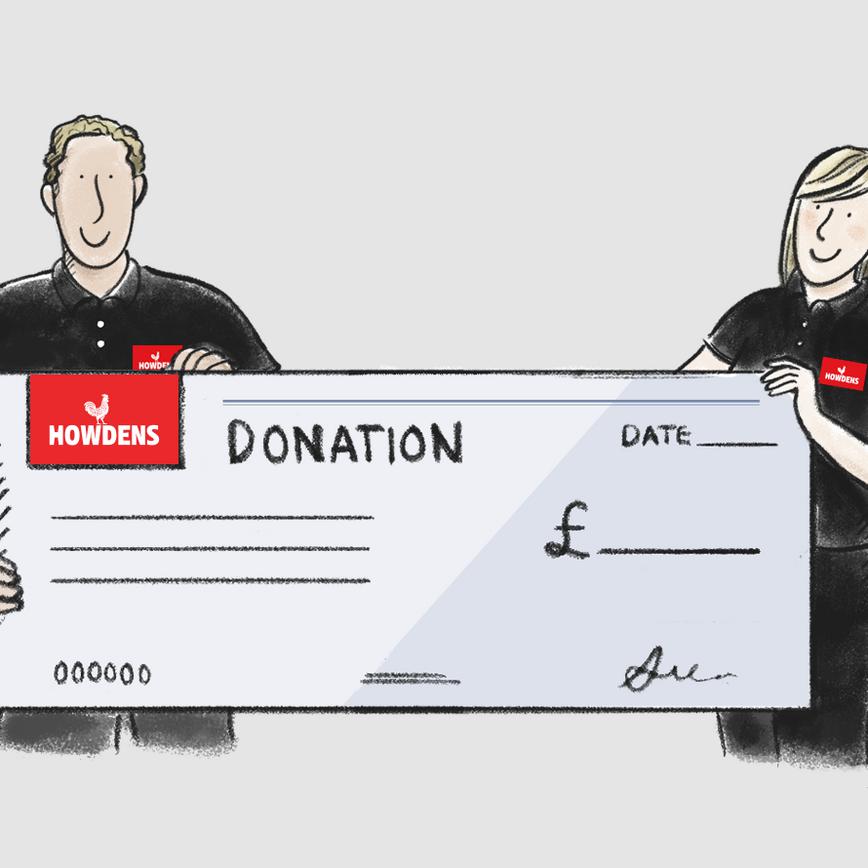 Illustration of two Howdens employees holding a blank donation cheque