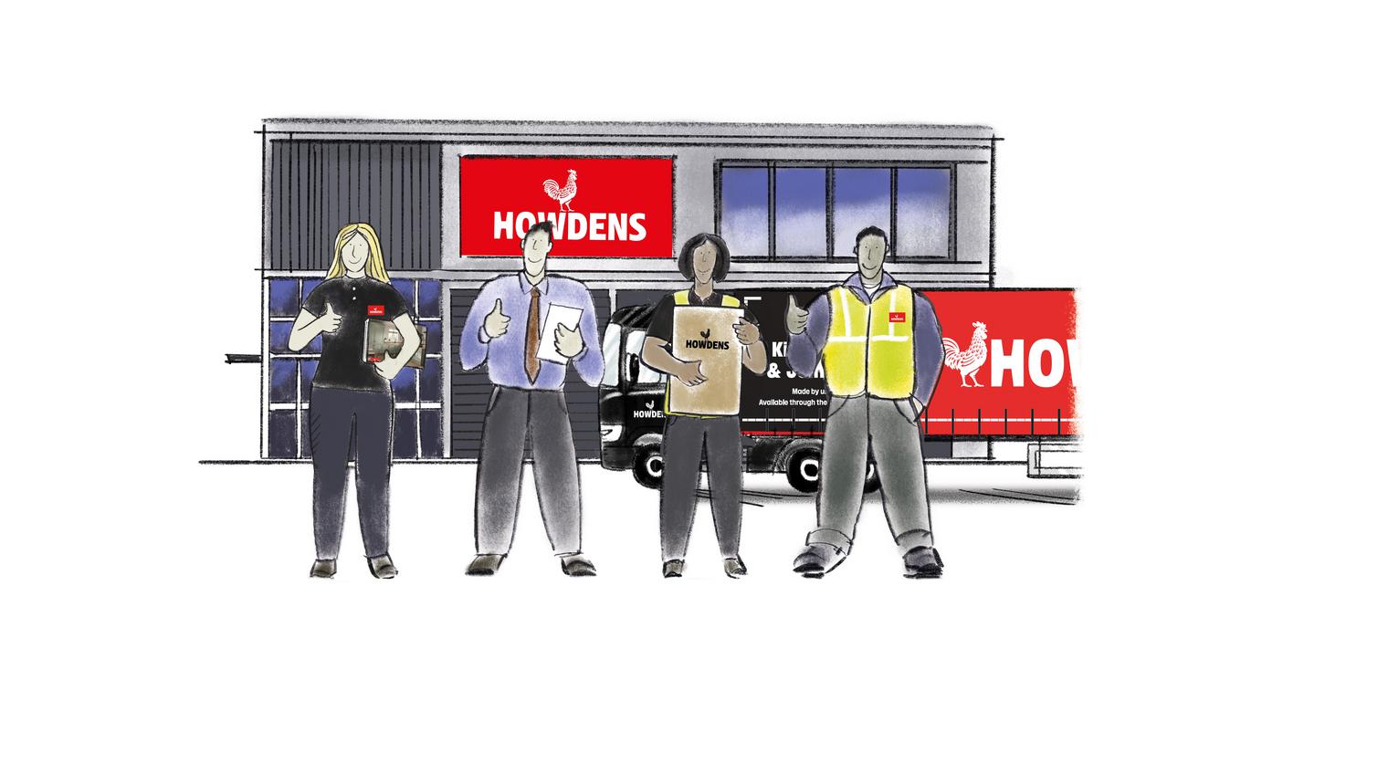 Illustration of 4 depot workers, standing outside a depot with a Howdens van behind them