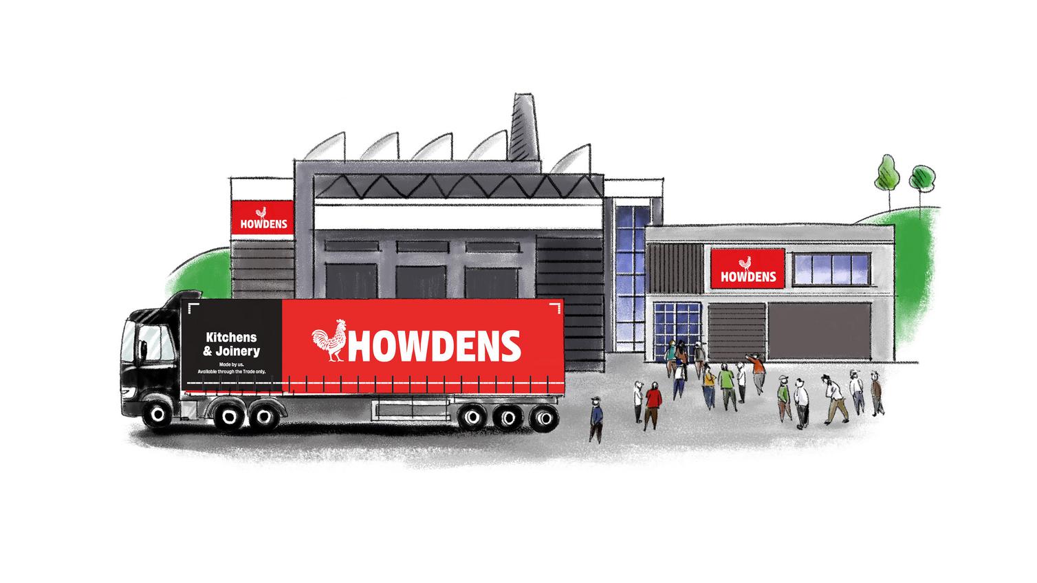 Illustration of a Howdens van outside a manufacturing site, with people standing outside too